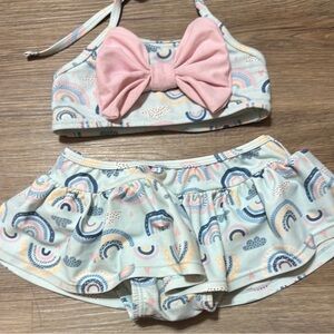 RuffleButts Pastel Rainbow Print Bikini with Bow Skirted Bottoms Girls Size 2T